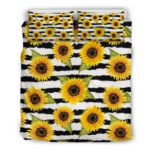 Sunflower Striped Pattern Print Duvet Cover and Pillowcase Set Bedding Set