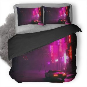 Synthwave Car On Street 2N Duvet Cover and Pillowcase Set Bedding Set