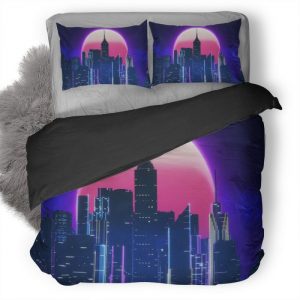 Synthwave City Retro Neon Se Duvet Cover and Pillowcase Set Bedding Set