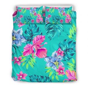 Teal Aloha Tropical Pattern Print Duvet Cover and Pillowcase Set Bedding Set