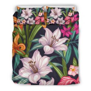 Tropical Flowers Pattern Print Duvet Cover and Pillowcase Set Bedding Set