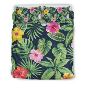 Tropical Hibiscus Flowers Pattern Print Duvet Cover and Pillowcase Set Bedding Set