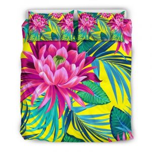 Tropical Lotus Pattern Print Duvet Cover and Pillowcase Set Bedding Set