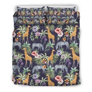 Tropical Zebra Giraffe Pattern Print Duvet Cover and Pillowcase Set Bedding Set