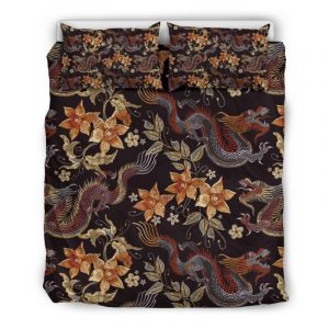Vintage Dragon Flower Pattern Print Duvet Cover and Pillowcase Set Bedding Set