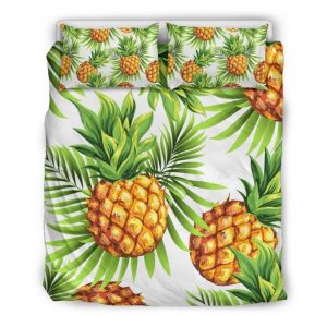 White Tropical Pineapple Pattern Print Duvet Cover and Pillowcase Set Bedding Set
