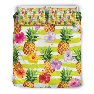Yellow Striped Pineapple Pattern Print Duvet Cover and Pillowcase Set Bedding Set