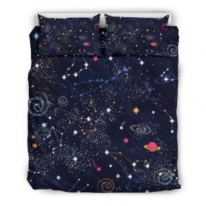 Zodiac Star Signs Galaxy Space Print Duvet Cover and Pillowcase Set Bedding Set